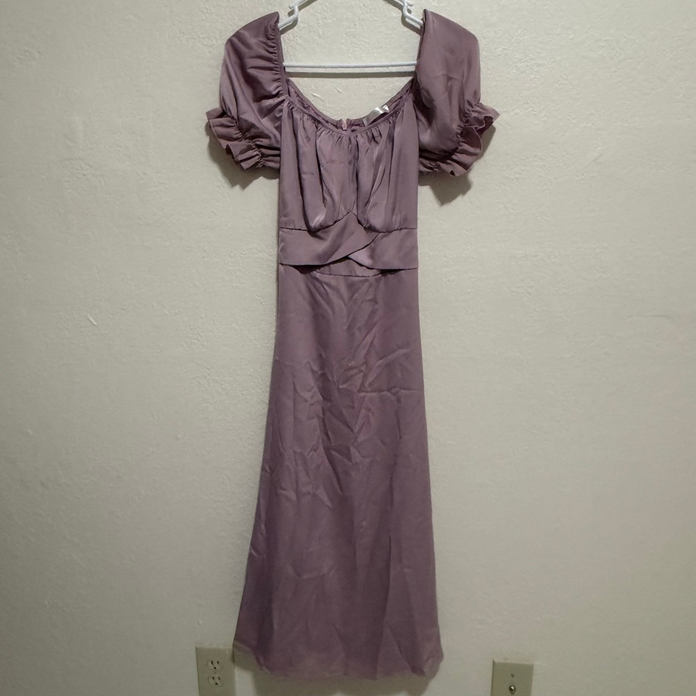 KIRUNDO Womens Dusty Lavender Satin Puff Sleeve Bow Back Midi Dress Medium